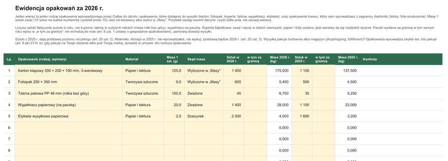 Zakładka Ewidencja: rodzaje opakowań z materiałem, masą 1 sztuki, źródłem masy i liczbą sztuk w 2026 i 2025 r., masy w kg