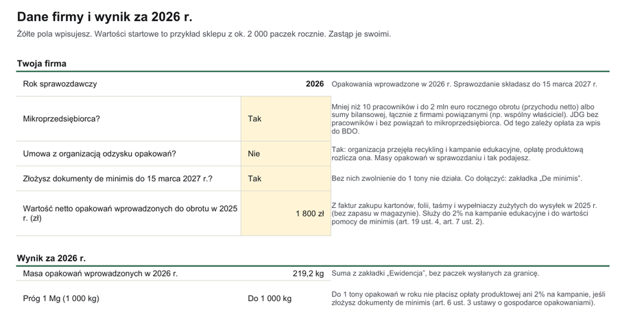 Zakładka Dane: pytania o firmę i wynik za 2026 r. z masą opakowań, progiem 1 Mg, zwolnieniem i opłatą produktową